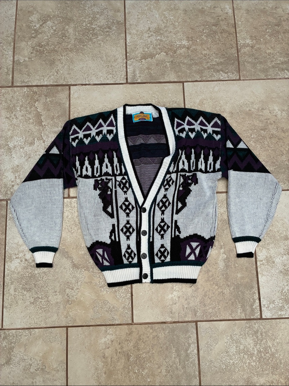 Geometric Pattern Button-Front Cardigan Sweater - Gray & Purple